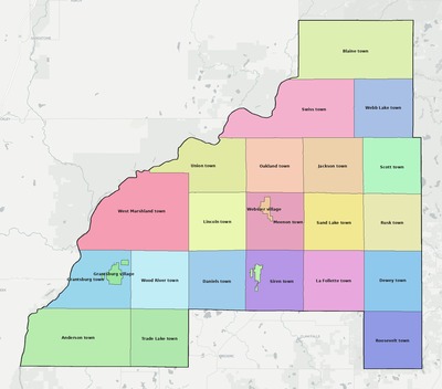 Burnett County WI townships and subdivisions map