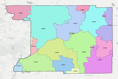 Columbia County WI ZIP code boundaries map