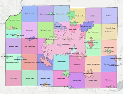 Dane County WI townships and subdivisions map