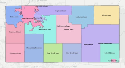 Eau Claire County WI townships and subdivisions map