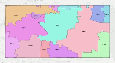 Eau Claire County WI ZIP code boundaries map