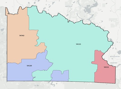 Florence County WI ZIP code boundaries map