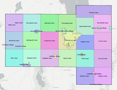 Fond du Lac County WI townships and subdivisions map