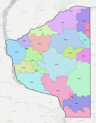 Grant County WI ZIP code boundaries map