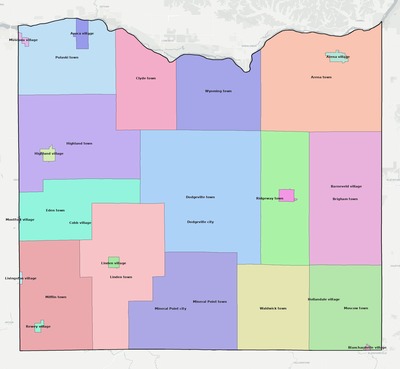 Iowa County WI townships and subdivisions map