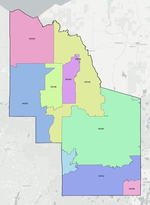 Iron County WI ZIP code boundaries map