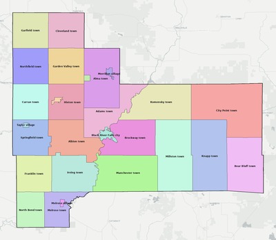 Jackson County WI townships and subdivisions map