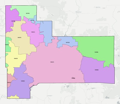 Jackson County WI ZIP code boundaries map