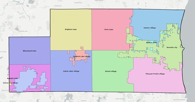 Kenosha County WI townships and subdivisions map