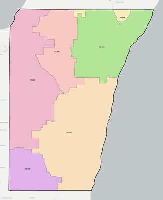 Kewaunee County WI ZIP code boundaries map