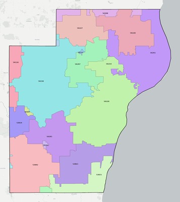 Manitowoc County WI ZIP code boundaries map