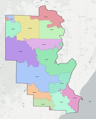 Marinette County WI ZIP code boundaries map