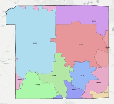 Monroe County WI ZIP code boundaries map