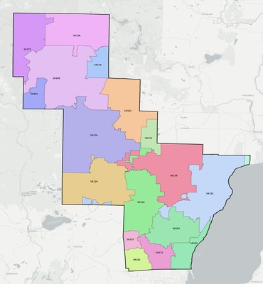 Oconto County WI ZIP code boundaries map