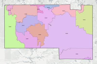 Oneida County WI ZIP code boundaries map