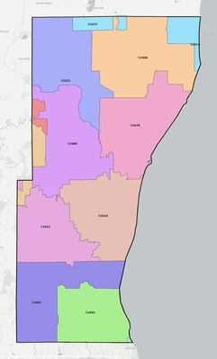 Ozaukee County WI ZIP code boundaries map