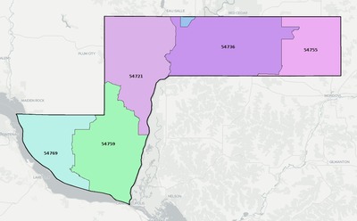 Pepin County WI ZIP code boundaries map