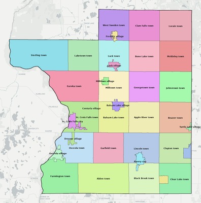 Polk County WI townships and subdivisions map