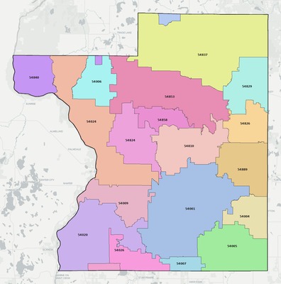 Polk County WI ZIP code boundaries map