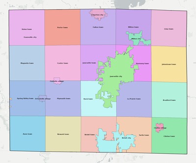 Rock County WI townships and subdivisions map