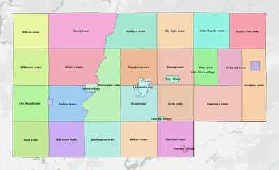 Rusk County WI townships and subdivisions map