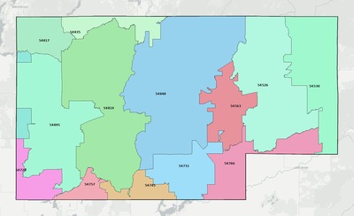 Rusk County WI ZIP code boundaries map
