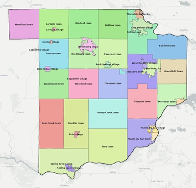 Sauk County WI townships and subdivisions map