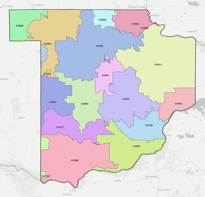 Sauk County WI ZIP code boundaries map