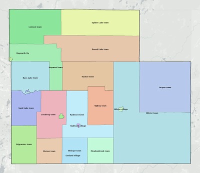 Sawyer County WI townships and subdivisions map