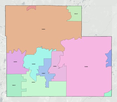 Sawyer County WI ZIP code boundaries map