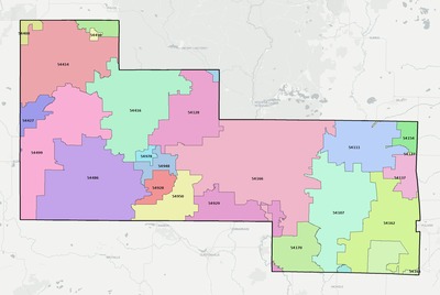 Shawano County WI ZIP code boundaries map