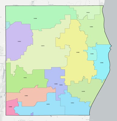 Sheboygan County WI ZIP code boundaries map