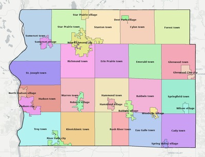 St. Croix County WI townships and subdivisions map