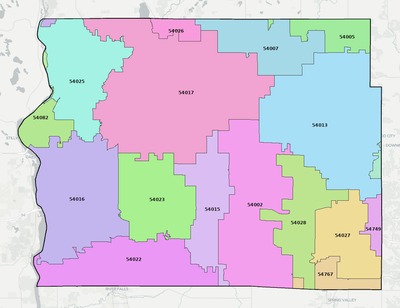 St. Croix County WI ZIP code boundaries map