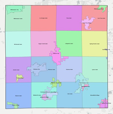 Walworth County WI townships and subdivisions map