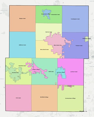Washington County WI townships and subdivisions map