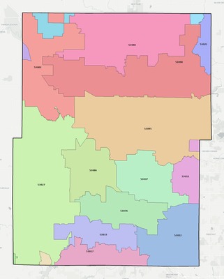 Washington County WI ZIP code boundaries map