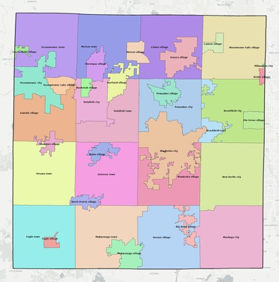 Waukesha County WI townships and subdivisions map
