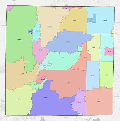 Waukesha County WI ZIP code map preview