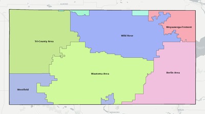 Waushara County WI school district boundaries map