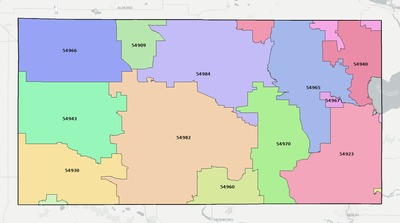 Waushara County WI ZIP code boundaries map