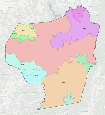 Barbour County WV ZIP code boundaries map