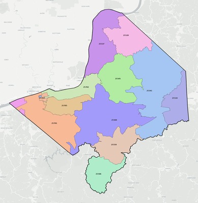 Cabell County WV ZIP code boundaries map