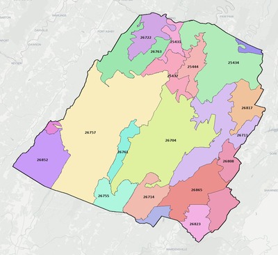 Hampshire County WV ZIP code boundaries map