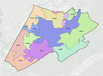 Monroe County WV ZIP code boundaries map