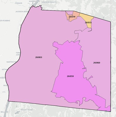 Ohio County WV ZIP code boundaries map