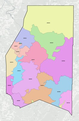 Preston County WV ZIP code boundaries map