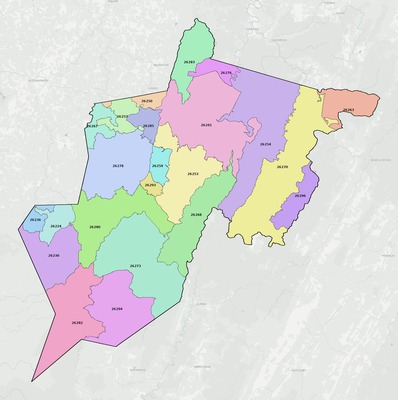 Randolph County WV ZIP code boundaries map