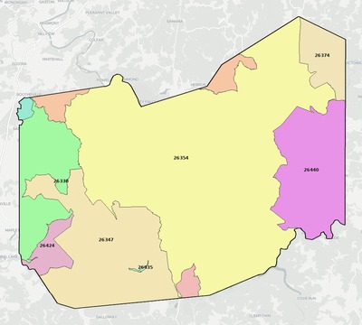 Taylor County WV ZIP code boundaries map