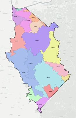 Wayne County WV ZIP code boundaries map